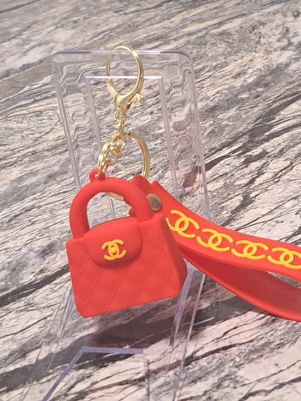 Fashion Quilted Handbag Bag Charm/ Keychain with Logo Strap - Picture 2 of 4